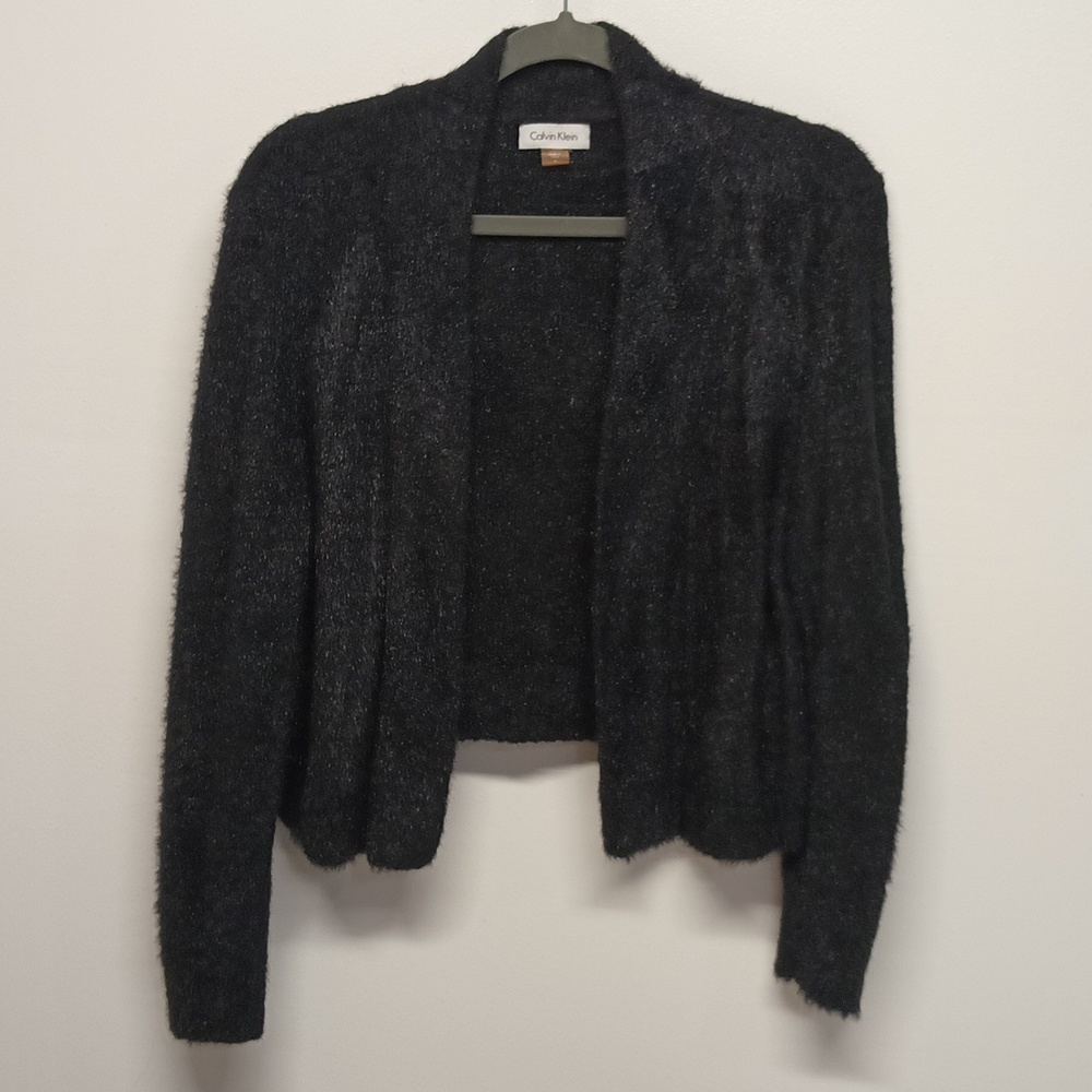 Calvin Klein black Open Front women’s cardigan sz large Fuzzy shrug EUC. - Picture 1 of 11